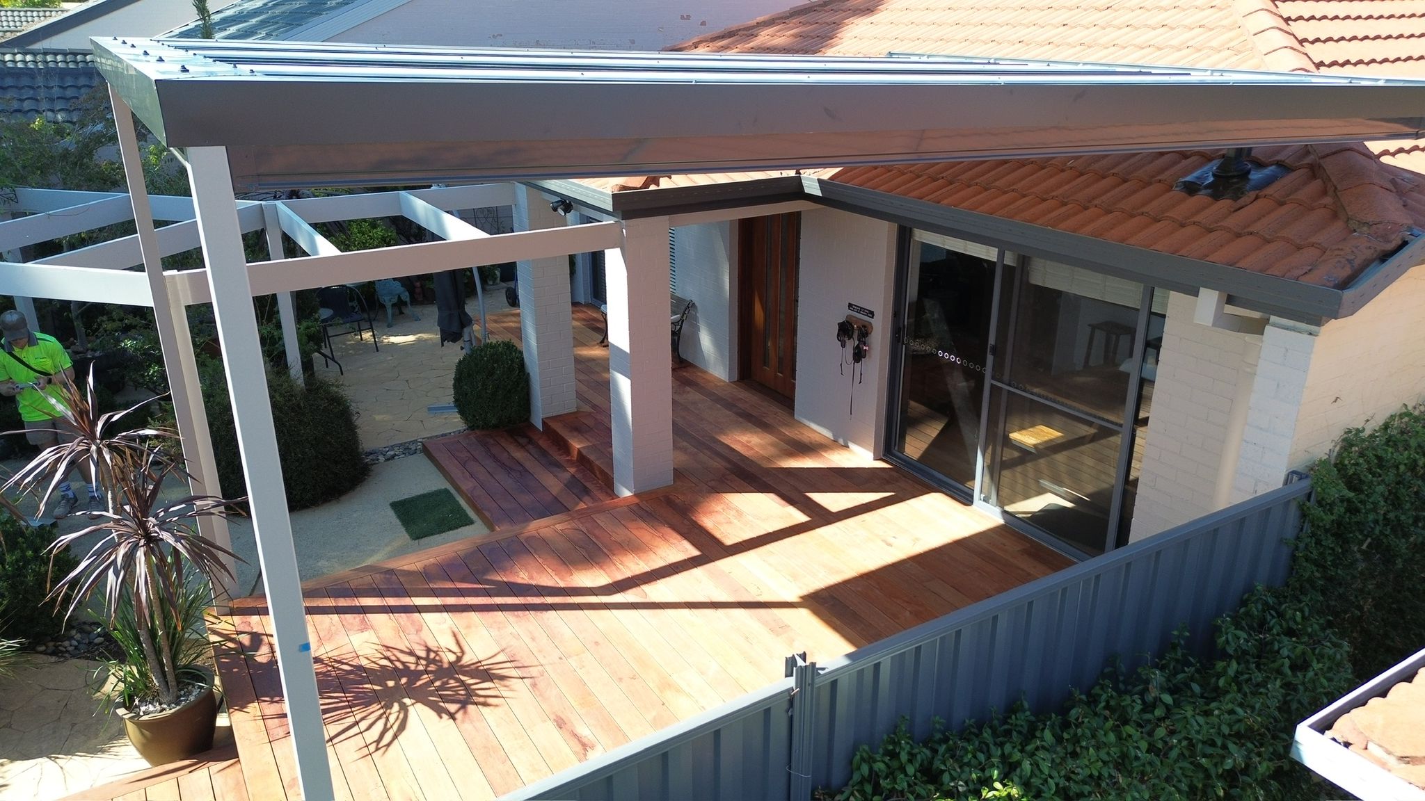 Pergola and carport integration with Merbau deck below, Bruce Canberra