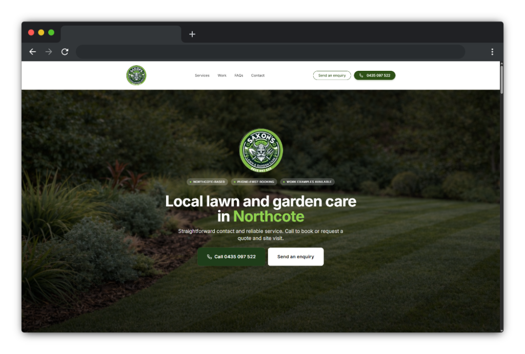 Saxon's Lawn and Garden Care website hero on desktop