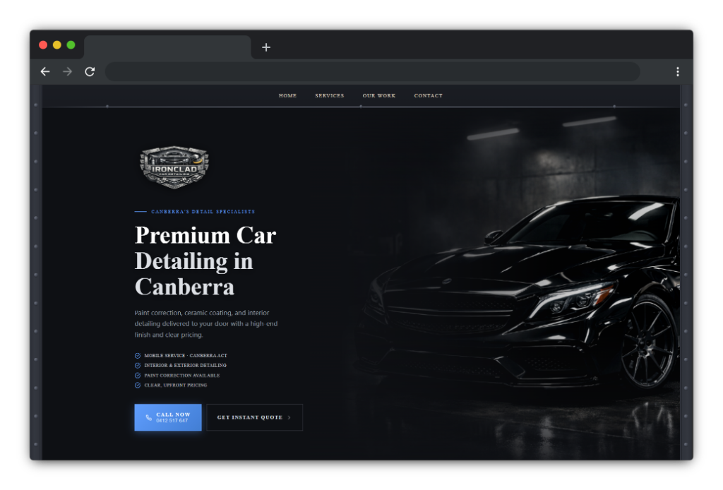 Ironclad Car Detailing Canberra website home page