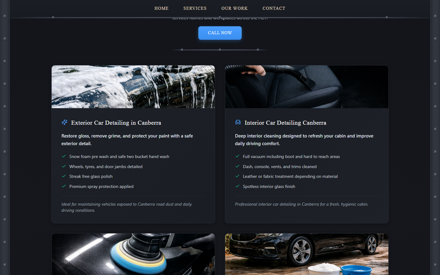 Ironclad Car Detailing services section with transparent pricing tiers
